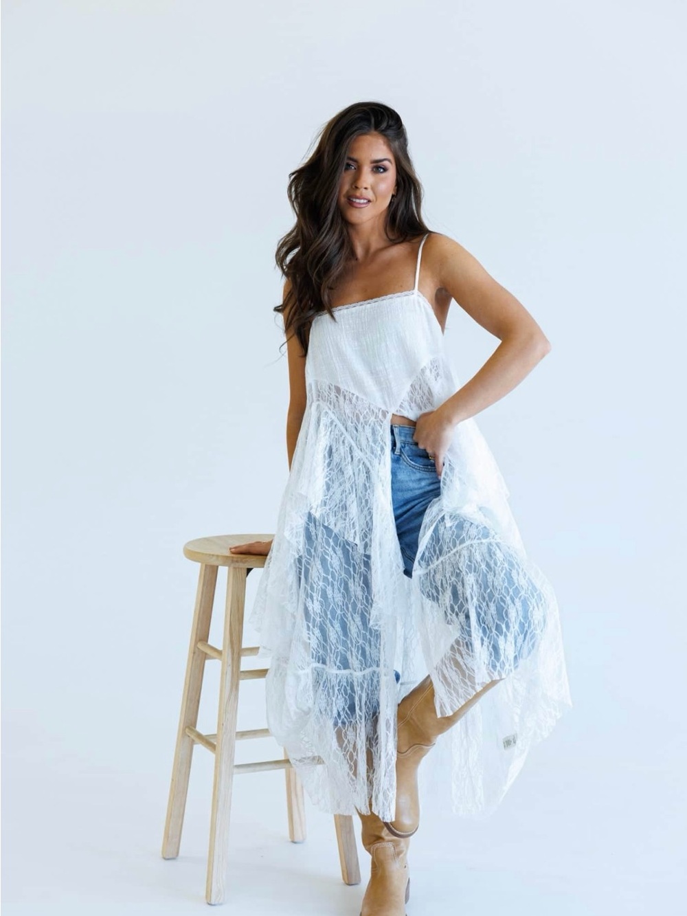 White Lace Asymmetrical duster top with Spaghetti Straps